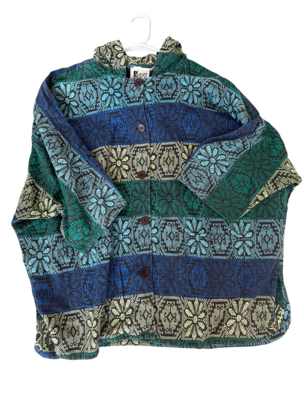 Y2K Vintage Hippie Boho Hooded Pockets Swim Beach Cover Up 100% Cotton Button-Up